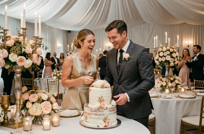 Couple de mariés riant avec leur wedding planner devant le gâteau de mariage lors d'une réception élégante en salle décorée