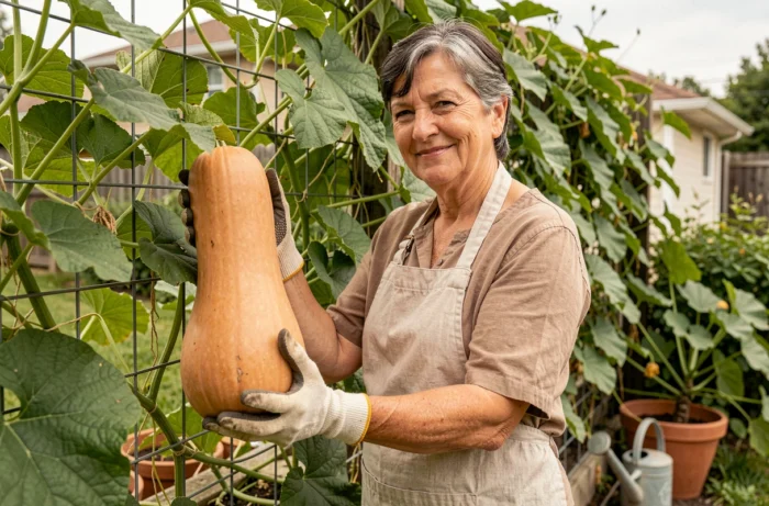 Femme jardinière récoltant une courge butternut sur une clôture grillagée couverte de feuillage dans un jardin en fin d'été