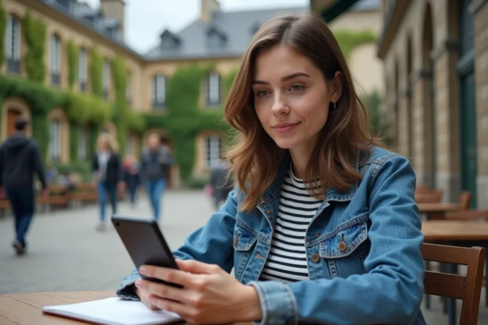 Jeune femme consultant la page de récupération de compte ENT du Mirail sur smartphone en terrasse de campus universitaire