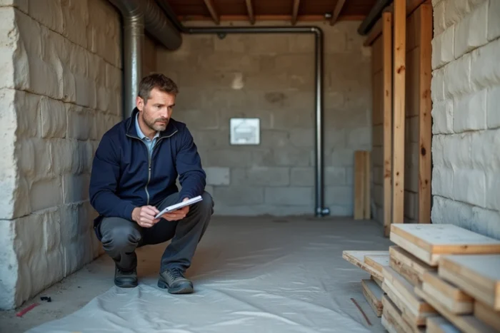 Artisan inspectant l'isolation d'une cave en cours de rénovation pour transformation en habitation conforme