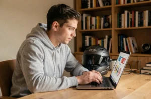 Jeune homme révisant le code moto en ligne sur un ordinateur portable à son bureau avec un casque moto posé à côté