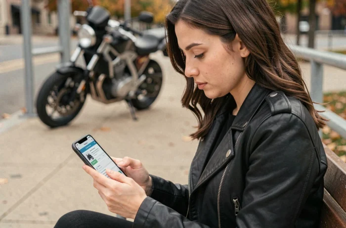 Jeune femme en veste moto révisant le code moto sur smartphone en extérieur devant une moto garée