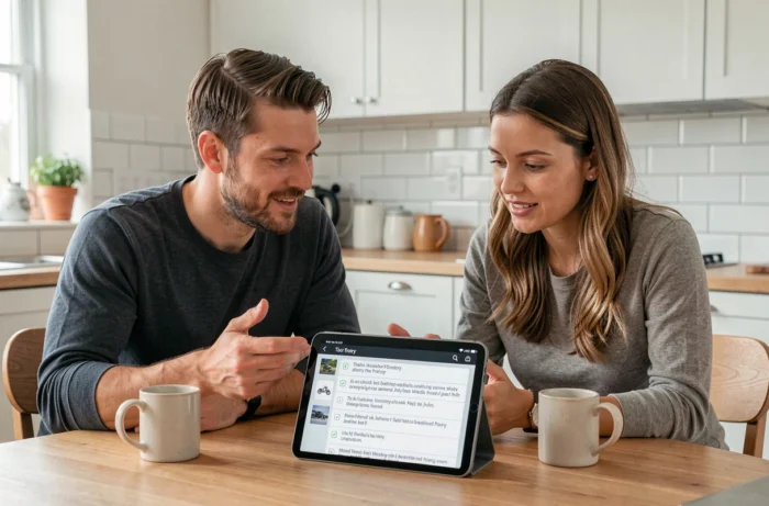 Deux adultes révisant ensemble les questions de code moto sur une tablette dans une cuisine moderne
