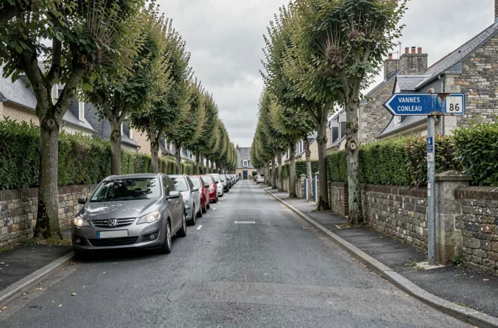 Rue avec stationnement le long de la route menant à la plage de Conleau à Vannes