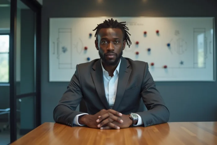 Un ancien footballeur devenu entraîneur en costume élégant assis dans une salle de réunion d'un centre d'entraînement professionnel, avec tableau tactique en arrière-plan, en référence à la carrière d'entraîneur de Ruud Gullit