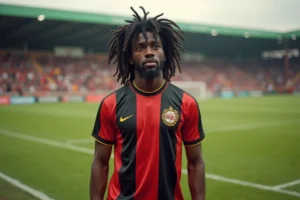 Portrait d'un joueur de football emblématique en maillot vintage rouge et noir des années 1980, sur le bord d'un terrain en gazon classique, évoquant la légende du football européen Ruud Gullit