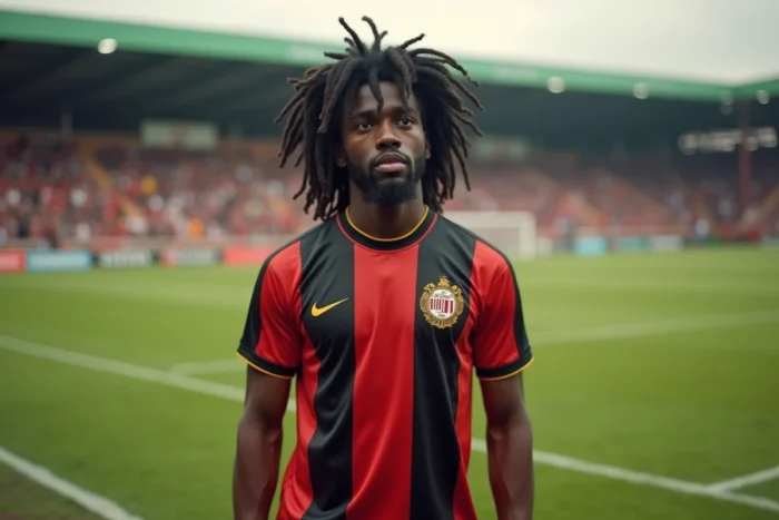 Portrait d'un joueur de football emblématique en maillot vintage rouge et noir des années 1980, sur le bord d'un terrain en gazon classique, évoquant la légende du football européen Ruud Gullit