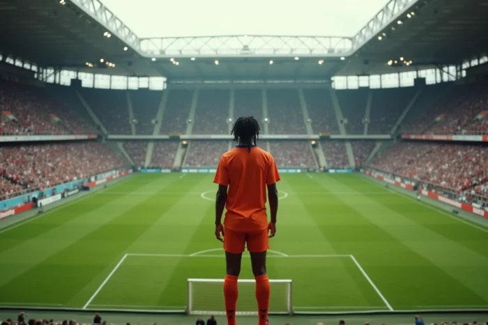 Vue grand angle d'un stade européen historique des années 1980 avec un joueur en maillot orange néerlandais au centre du terrain, illustrant la carrière internationale et le palmarès européen de Ruud Gullit