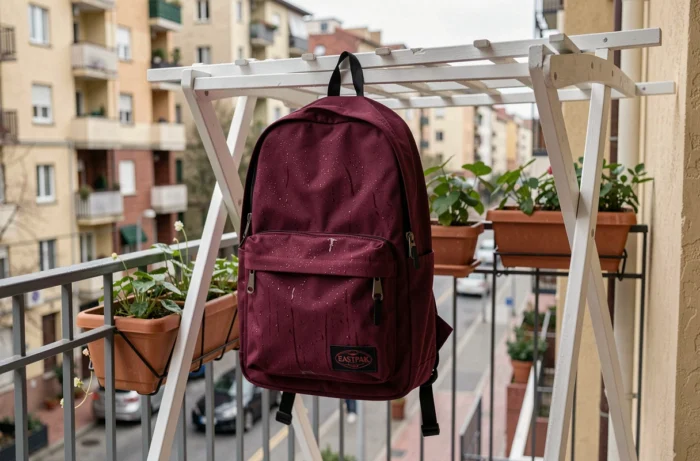 Sac Eastpak bordeaux suspendu sur un séchoir après un lavage en machine, encore humide