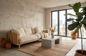 Salon scandinave moderne avec canapé en bouclé crème, tapis en jute et vases en céramique terracotta pour une décoration tendance 2024