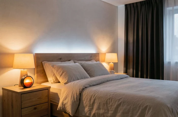 Schéma d'éclairage circadien dans une chambre avec lampes de chevet ambrées et lumière LED douce pour accompagner les rythmes jour-nuit