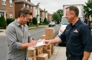 Homme signant un contrat avec un déménageur professionnel devant un camion de déménagement dans une rue résidentielle