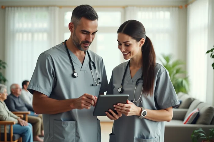 Deux soignants en EHPAD consultant ensemble un logiciel de transmission sur tablette