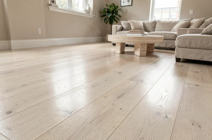 Sol en bois blanchi à finition claire qui réfléchit la lumière naturelle dans un salon moderne