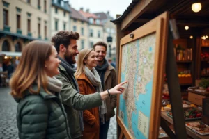 Groupe d'amis découvrant un marché de week-end en plein air avec une carte touristique colorée