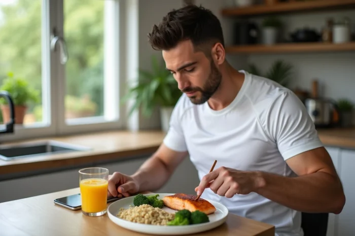 Sportif préparant un repas de récupération riche en nutriments pour abaisser le taux d'ASAT en une semaine