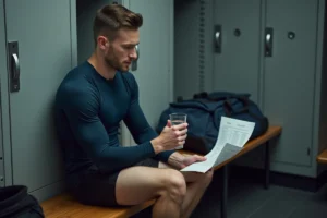 Sportif assis dans un vestiaire tenant ses résultats d'analyse sanguine montrant un taux d'ASAT élevé