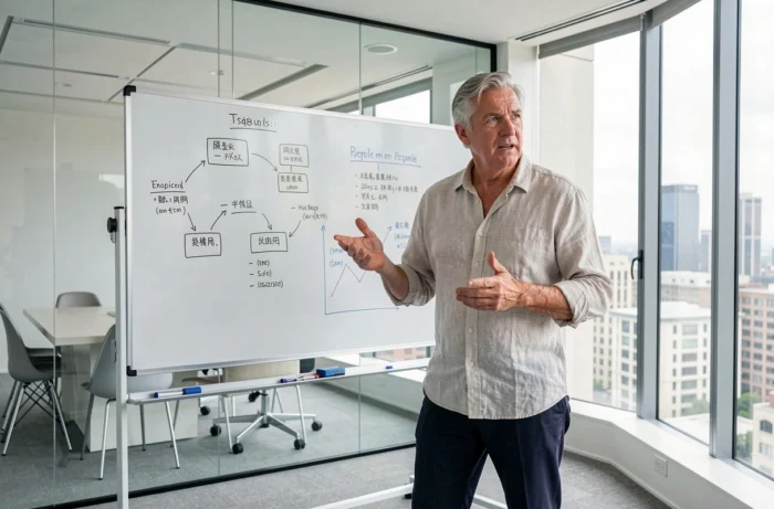 Homme de 60 ans présentant un nouveau projet professionnel dans une salle de réunion moderne après sa retraite sportive