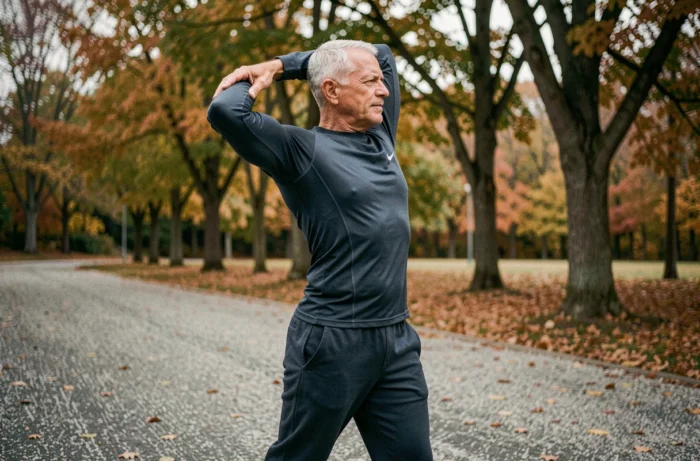 Homme retraité en pleine forme s'entraînant sur une piste de course entourée d'arbres en automne