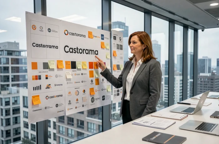 Stratège en branding présentant les itérations du nouveau logo Castorama 2026 devant un mur de maquettes en agence