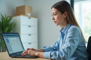 Femme consultant un portail administratif en ligne pour suivre une demande CNAPS sur son ordinateur portable au bureau