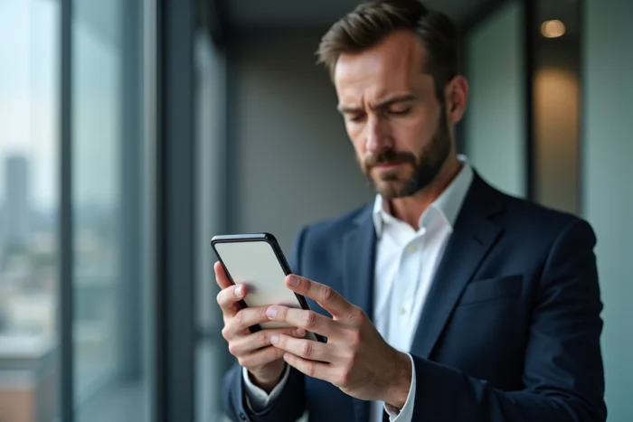 Homme en costume consultant l'avancement de son dossier CNAPS sur smartphone dans un environnement professionnel
