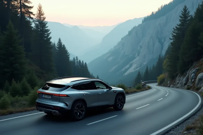 SUV moderne en conduite dynamique sur une route de montagne sinueuse au crépuscule entourée de forêt