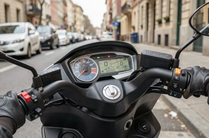 Tableau de bord et compteur de vitesse du Yamaha Xmax 125 avec mains gantées sur le guidon