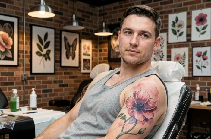 Man with a large watercolor anemone tattoo on his shoulder in shades of pink and purple in an urban tattoo studio