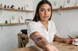 Femme montrant un tatouage anémone en encre noire sur l'avant-bras dans un studio de tatouage minimaliste