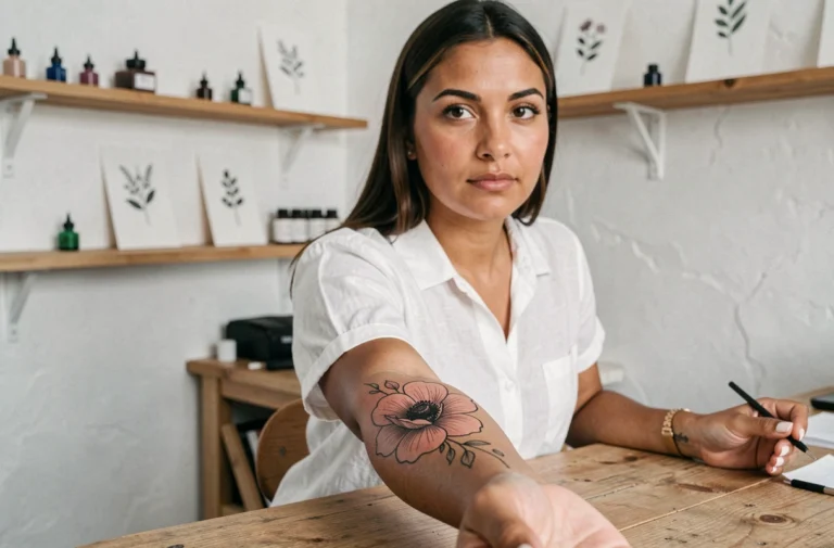 Femme montrant un tatouage anémone en encre noire sur l'avant-bras dans un studio de tatouage minimaliste