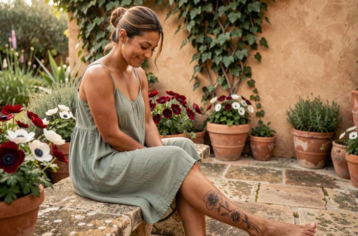 Woman in a green dress showing a fine line anemone tattoo on her calf in a Mediterranean garden with anemone flowers