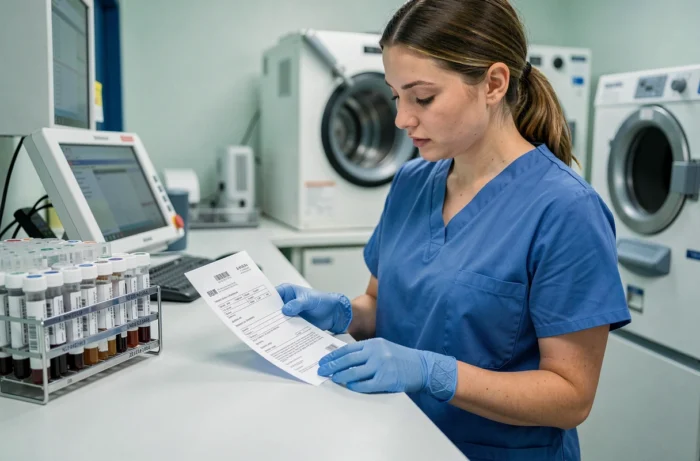 Laboratory technician checking a blood test prescription before performing the analyses