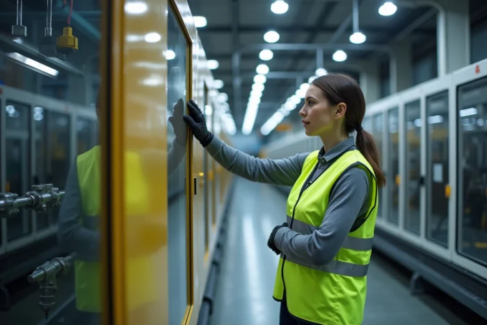 Technicienne opérant une machine industrielle sur mesure sur un plancher de production en usine