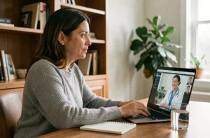 Femme en téléconsultation médicale sur ordinateur portable depuis son bureau à domicile