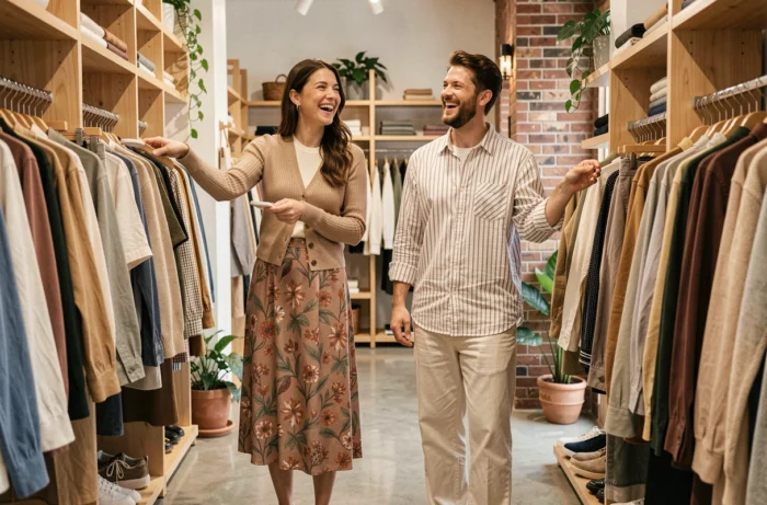 Deux amies qui font du shopping dans une boutique de mode tendance, tenues estivales en lin et coton aux tons naturels, mode 2024