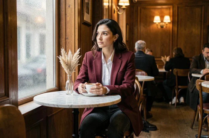 Donna alla moda in blazer bordeaux oversize seduta in un caffè parigino, con un espresso in mano, look moda autunno-inverno donna