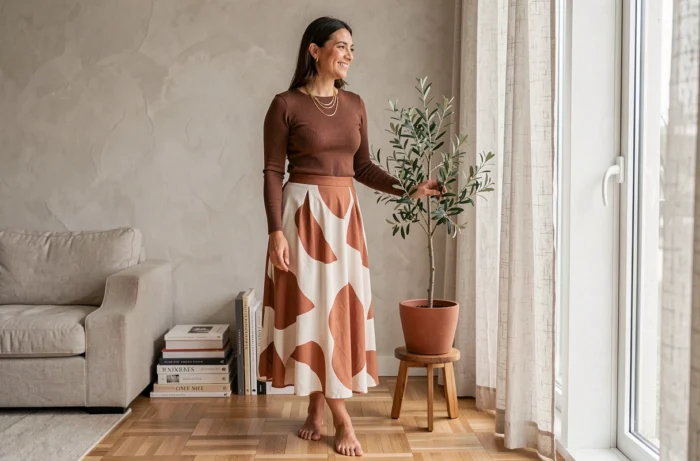 Donna in gonna midi stampata terracotta e top marrone in un appartamento moderno minimalista, tendenze moda donna indispensabili di stagione