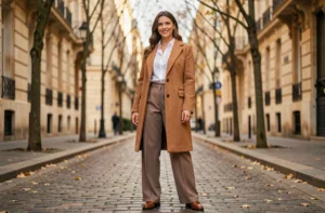 Femme élégante en manteau camel et pantalon large dans une rue parisienne pavée en automne, look tendance mode 2024