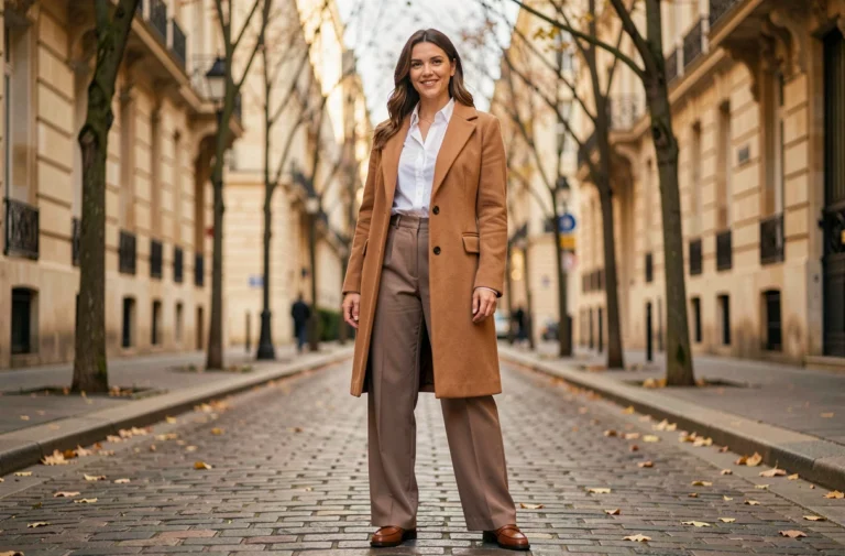 Femme élégante en manteau camel et pantalon large dans une rue parisienne pavée en automne, look tendance mode 2024