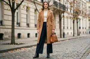 Femme élégante en manteau camel et pantalon large marine dans une rue pavée européenne en automne, illustrant les tendances mode femme de la saison