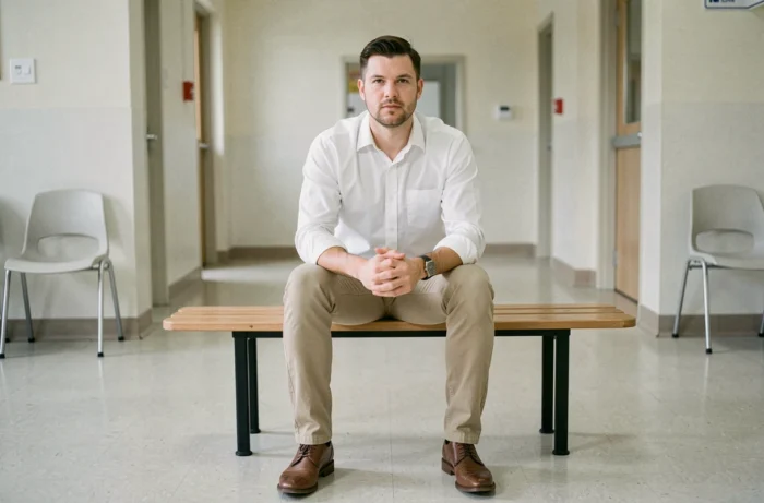 Homme habillé sobrement avec une chemise blanche et un chino beige dans une salle d'attente institutionnelle avant un parloir