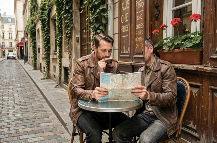 Man genietend van een koffie op een terras in een pittoreske steeg van Montmartre, Parijs anders verkennend met een kaart van de stad