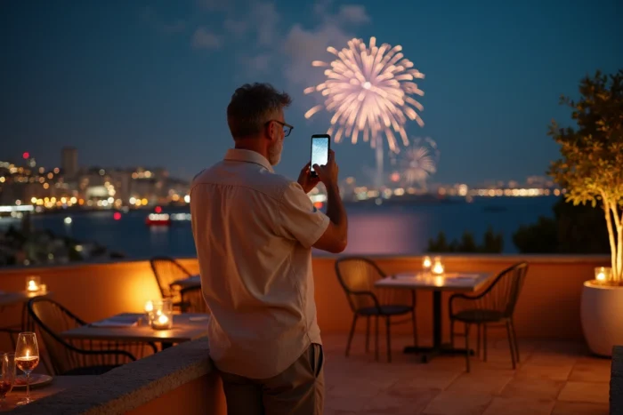 Homme photographiant le feu d'artifice du 14 juillet depuis une terrasse de rooftop bar à Marseille avec vue sur la ville