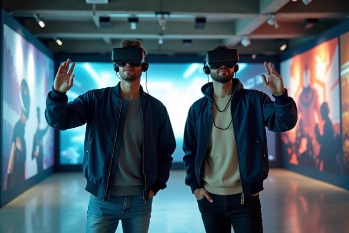 Deux hommes testant des casques de réalité virtuelle dans un salon d'exposition high-tech et gaming