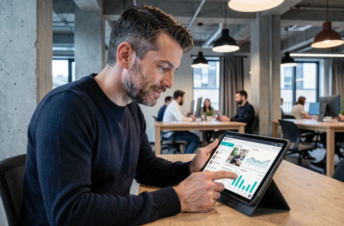 Freelancer consulting his freelance dashboard on a tablet in a contemporary coworking space