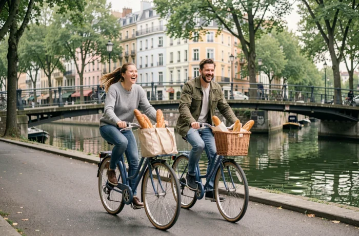 Twee vrienden fietsen langs het Canal Saint-Martin in Parijs, genietend van een ontspannen rit met stokbroden in hun mand