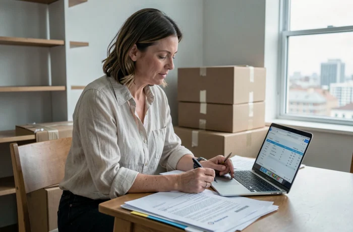 Femme vérifiant une facture de déménagement sur un ordinateur portable dans un appartement en cours de déménagement