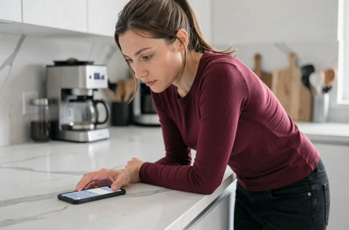 Femme regardant discrètement un smartphone sur un comptoir de cuisine pour vérifier la présence de l'onglet Facebook Dating
