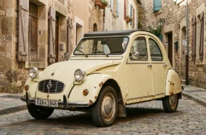 Ancienne voiture française des années 1950 surnommée Titine garée sur des pavés dans un village français